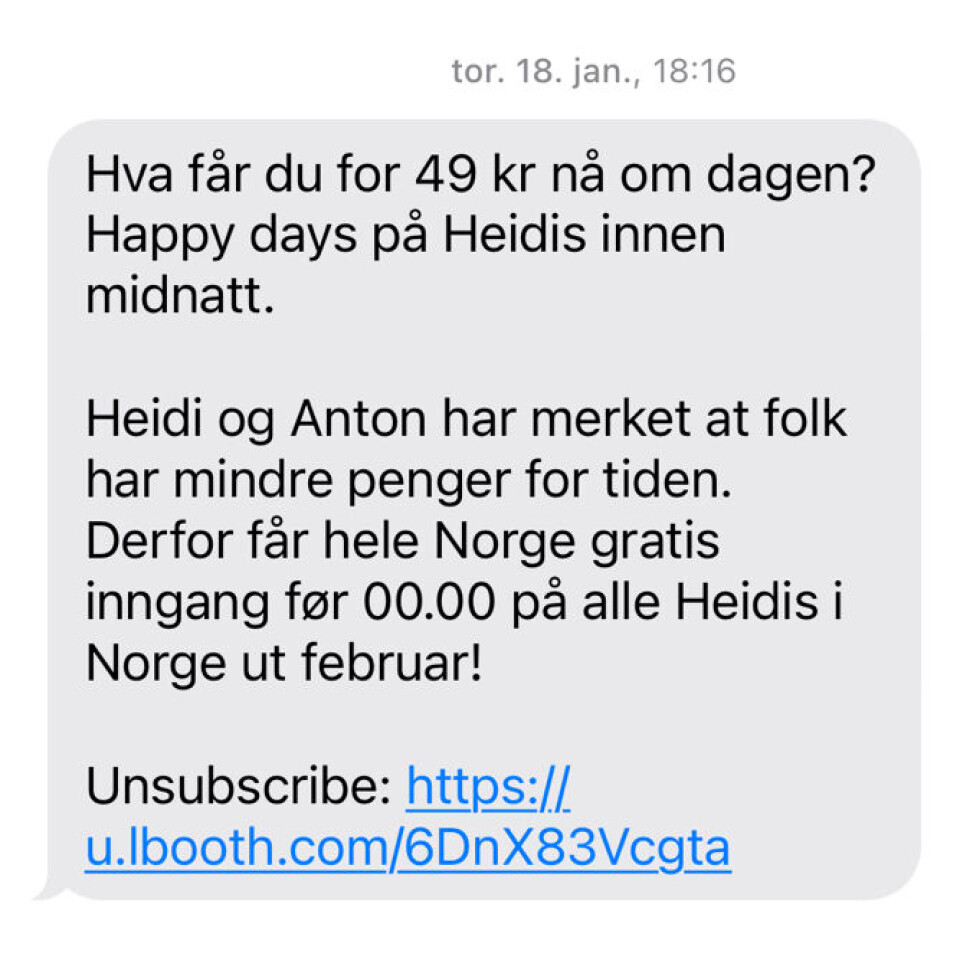 Denne meldingen ble sendt til besøkende som hadde brukt Heidis Bier Bars fotoboks.