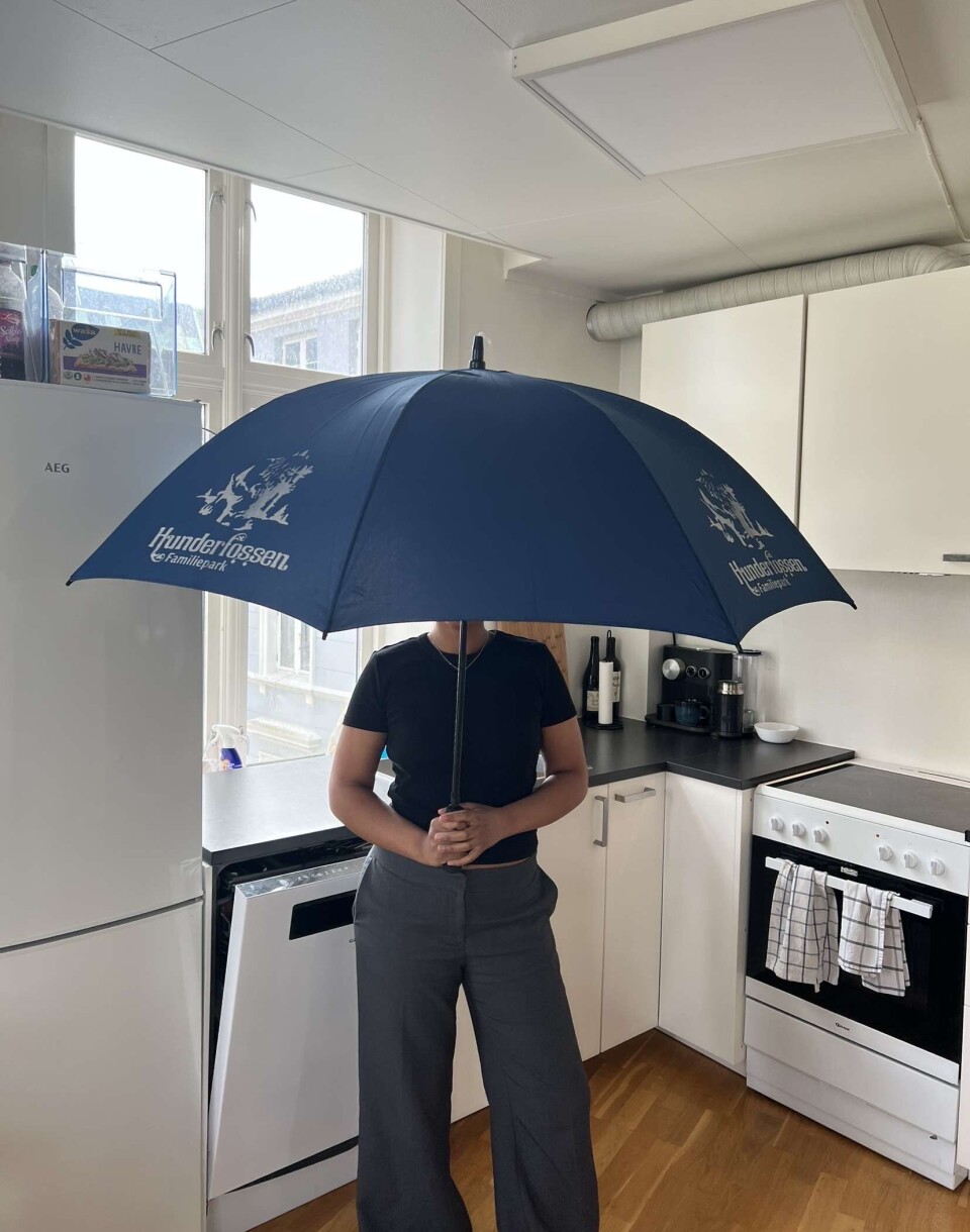 — Jeg er fæl på det. Ser jeg en som er bedre enn min, så tar jeg den, forteller en anonym student, poserende med sin nye familieparaply.